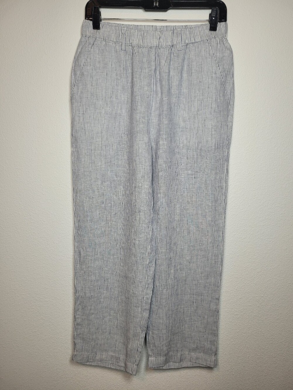 Quince 100% Organic Linen Striped Elastic Waist Straight Leg Pants Blue White S